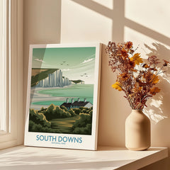 South Downs National Park art print on windowsill with dried flowers in vase, natural light