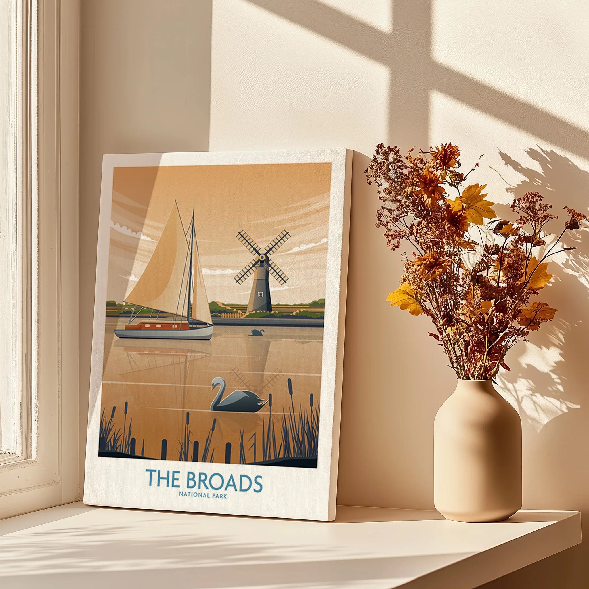 The Broads National Park canvas art print with sailboat and windmill near window, vase of dried flowers