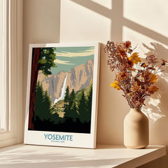 Yosemite National Park canvas print on windowsill with sunlight and vase of dried flowers