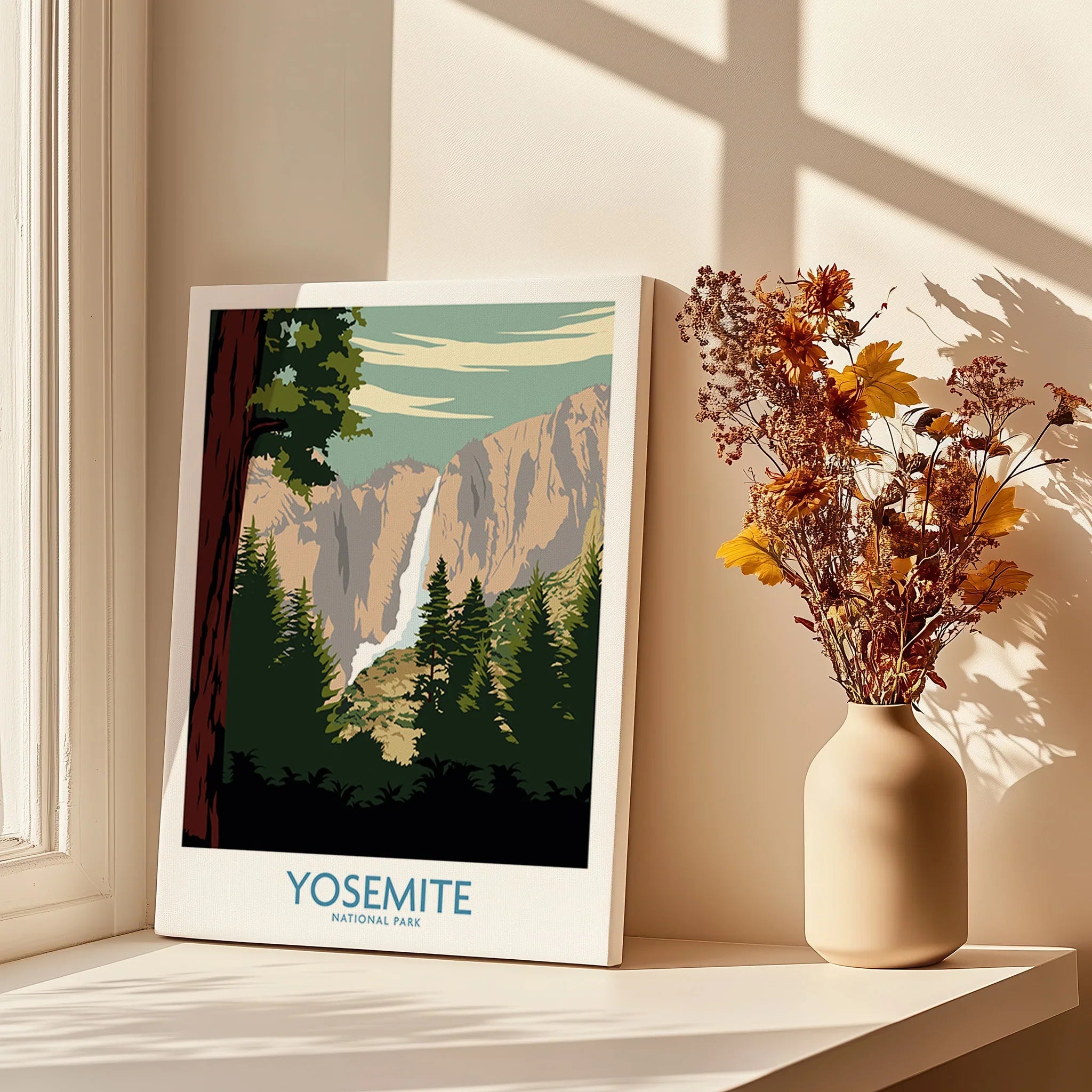 Yosemite National Park canvas print on windowsill with sunlight and vase of dried flowers