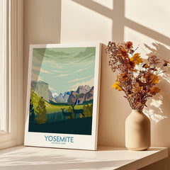 Yosemite National Park canvas print artwork on windowsill with dried flowers in sunlight