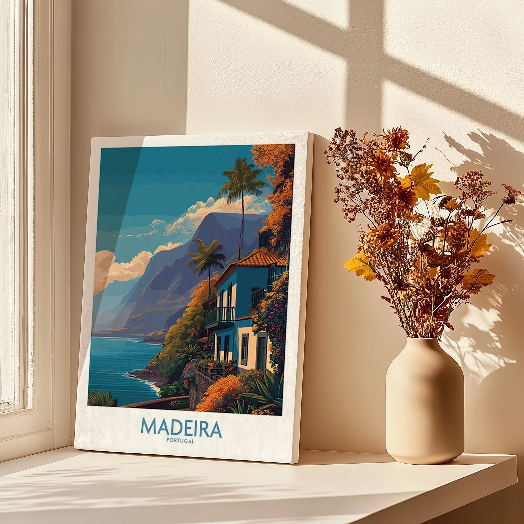 Madeira Portugal travel poster canvas print by a window, with shadows and vase of dried flowers