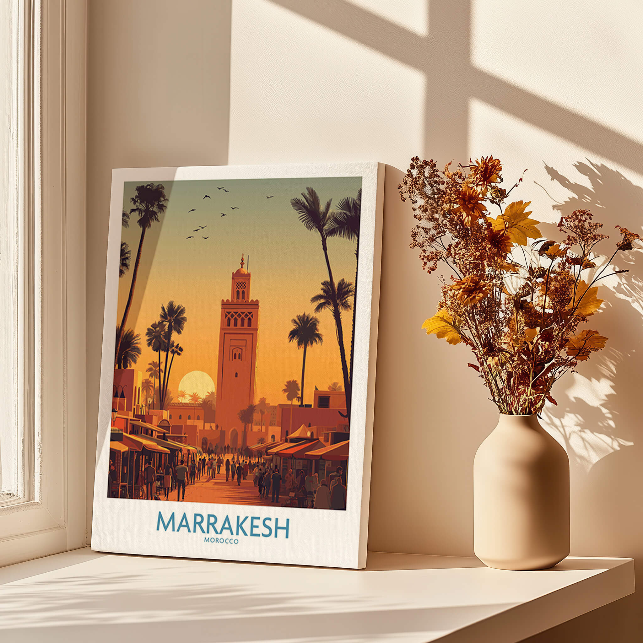 Marrakesh Morocco Posters | Historic Medina Sunset Canvas Print depicting market scene with sunset and palm trees.