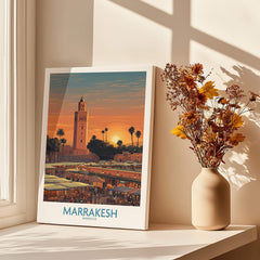Marrakesh Morocco Canvas Art Print | Jemaa el-Fnaa Market Scene Poster displayed in a sunlit room with a vase.
