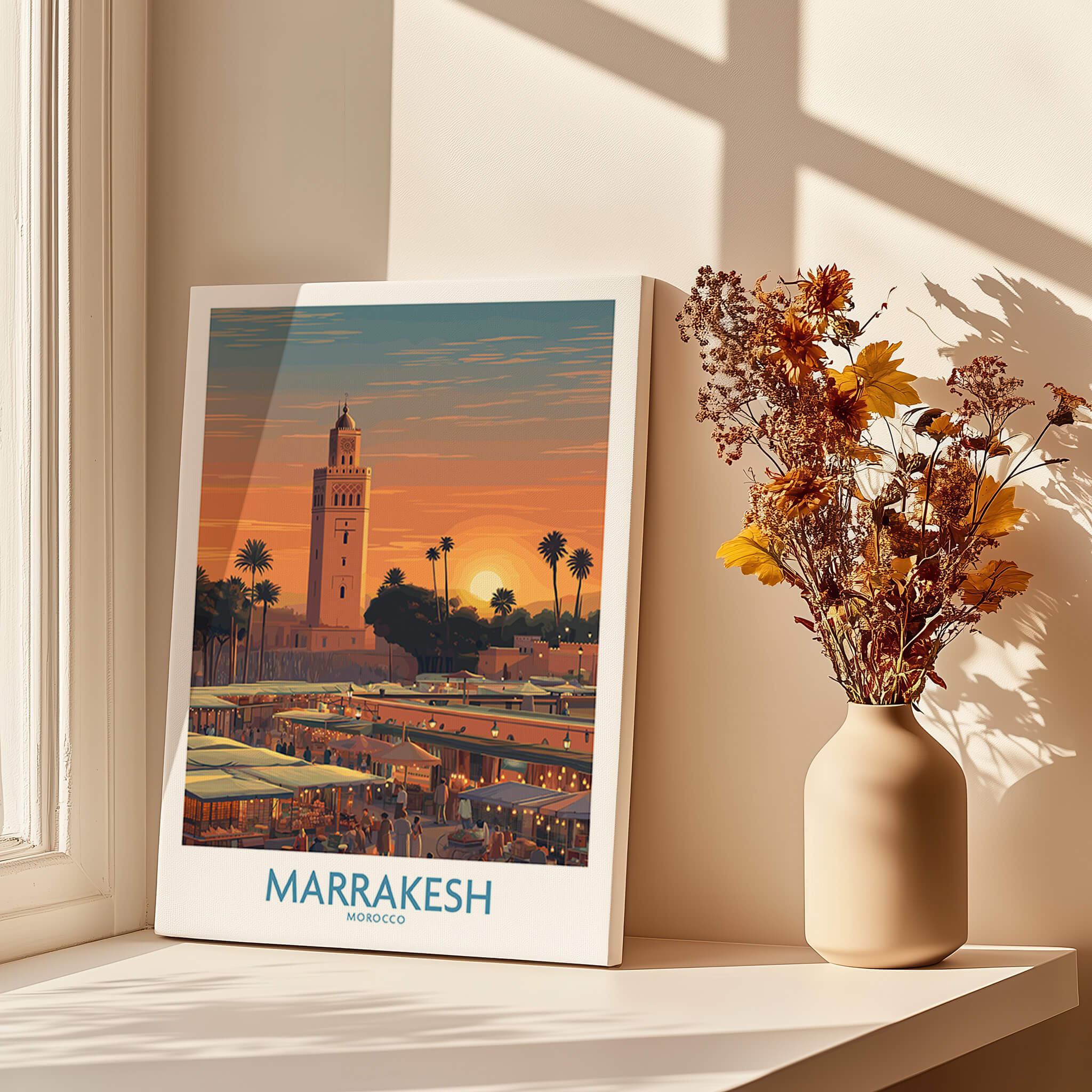 Marrakesh Morocco Canvas Art Print | Jemaa el-Fnaa Market Scene Poster displayed in a sunlit room with a vase.