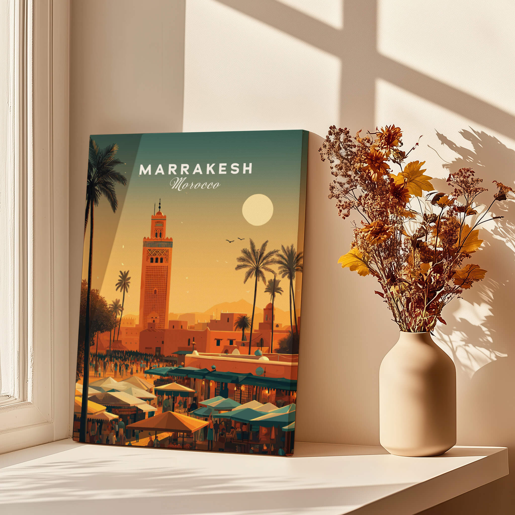 Marrakesh Morocco Wall Art Print | Bustling City Market Travel Posters in a bright room with flowers.