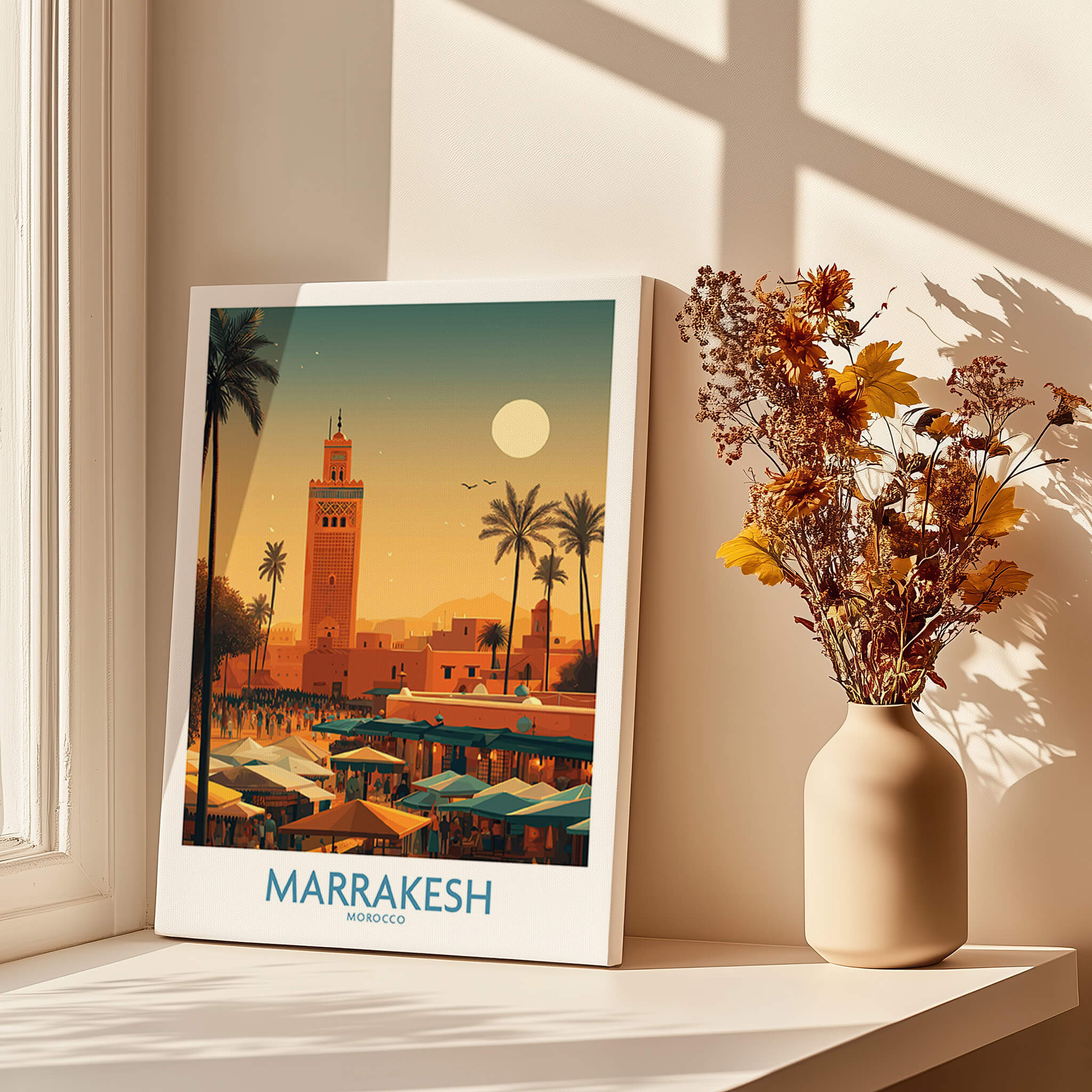 Marrakesh Morocco Poster | Traditional Moroccan Architecture Canvas Print showcasing a vibrant sunset scene with iconic landmarks.