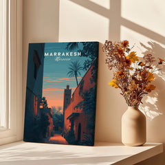 Marrakesh Morocco Travel Poster | Medina Alleyway Twilight Wall Art Print featuring enchanting alleyways at twilight.