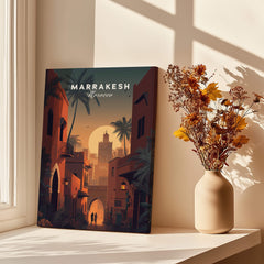 Marrakesh Morocco Wall Art Print | Sunset Medina Alleyway Travel Poster displayed in a sunlit room next to a vase.