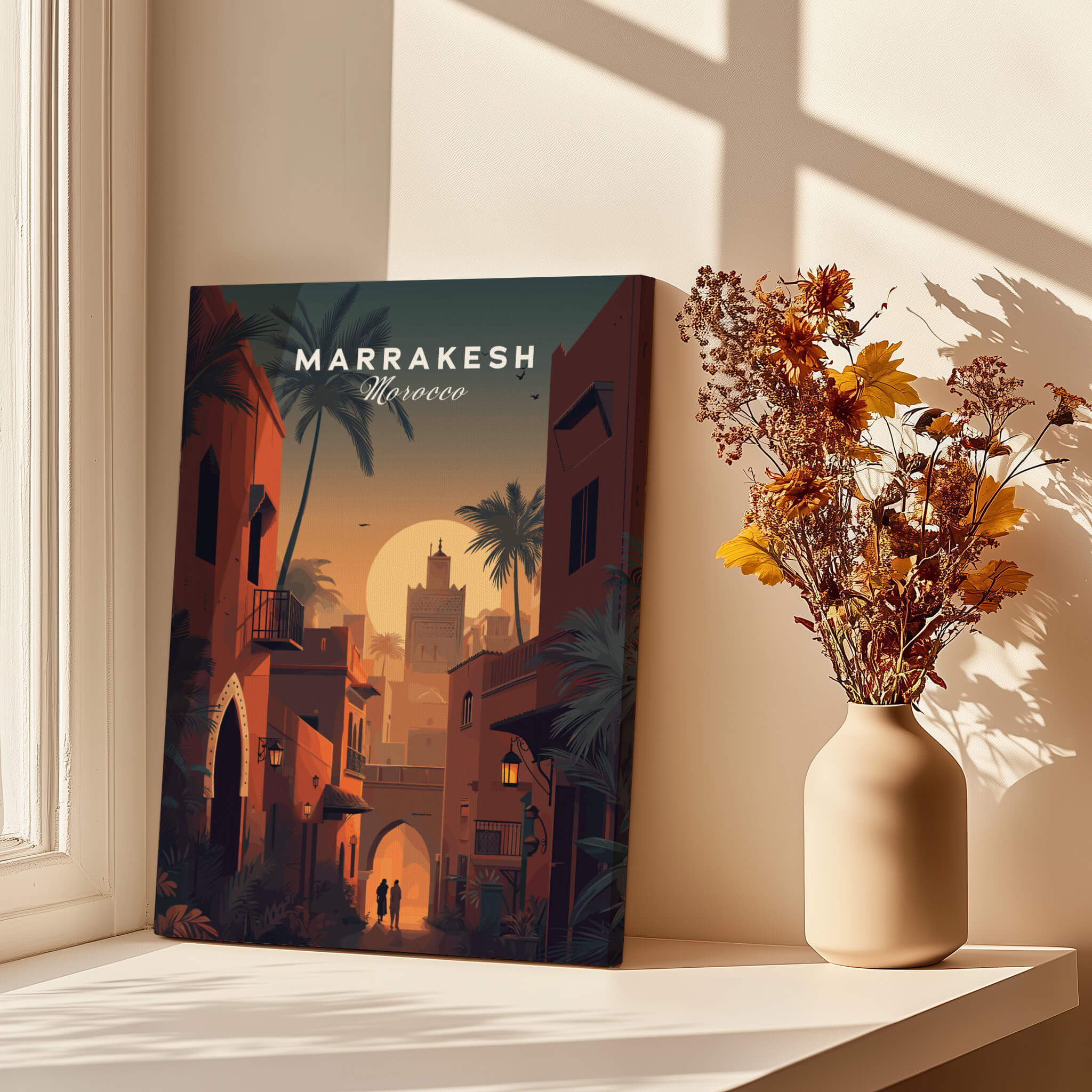 Marrakesh Morocco Wall Art Print | Sunset Medina Alleyway Travel Poster displayed in a sunlit room next to a vase.