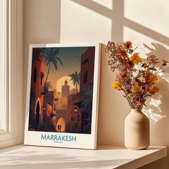 Marrakesh Morocco Poster | Romantic Moroccan Twilight Canvas Print displayed in sunlit room with vase of flowers.