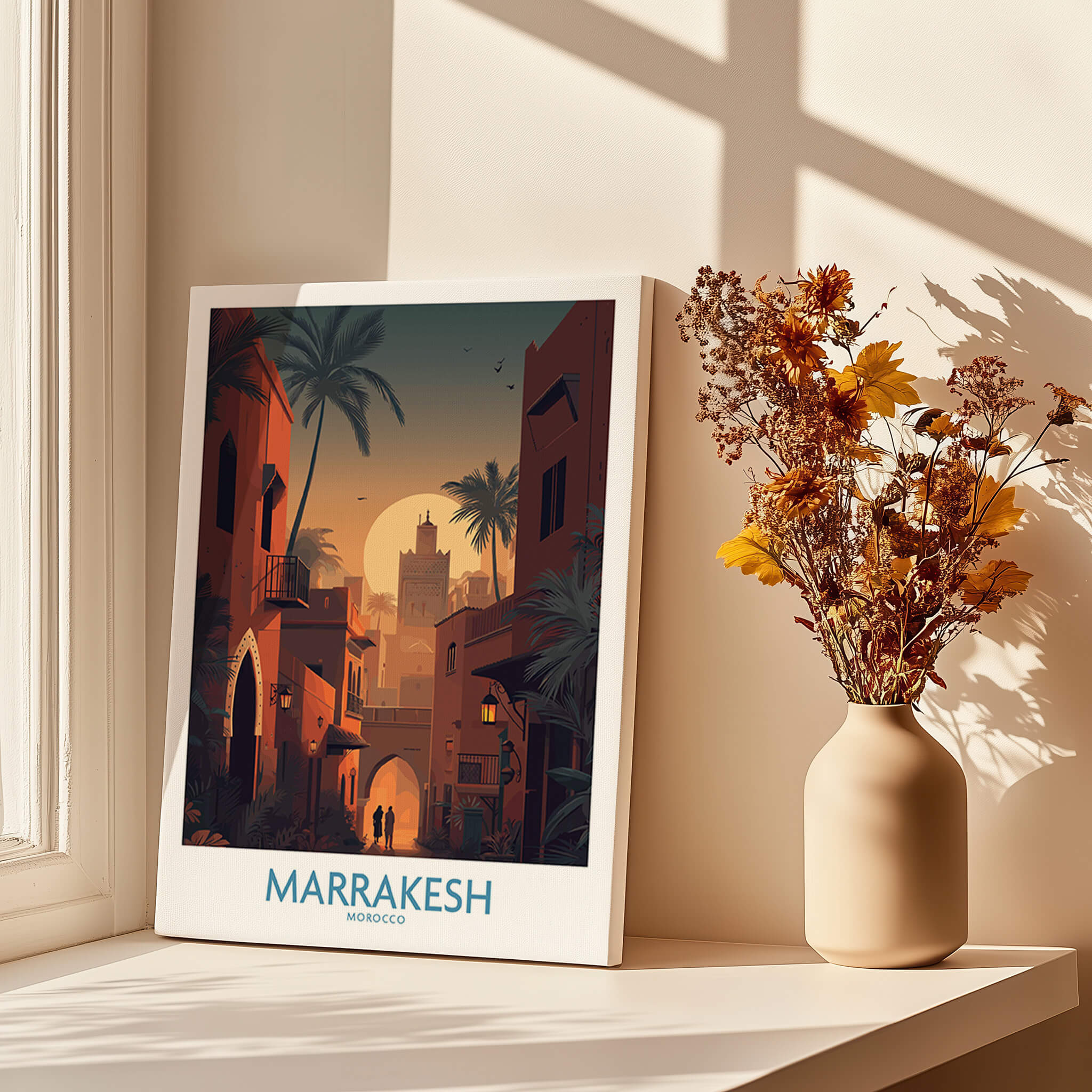 Marrakesh Morocco Poster | Romantic Moroccan Twilight Canvas Print displayed in sunlit room with vase of flowers.