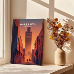 Marrakesh Morocco Travel Poster | Iconic Koutoubia Minaret Wall Art Print displayed in a sunlit room with flowers.