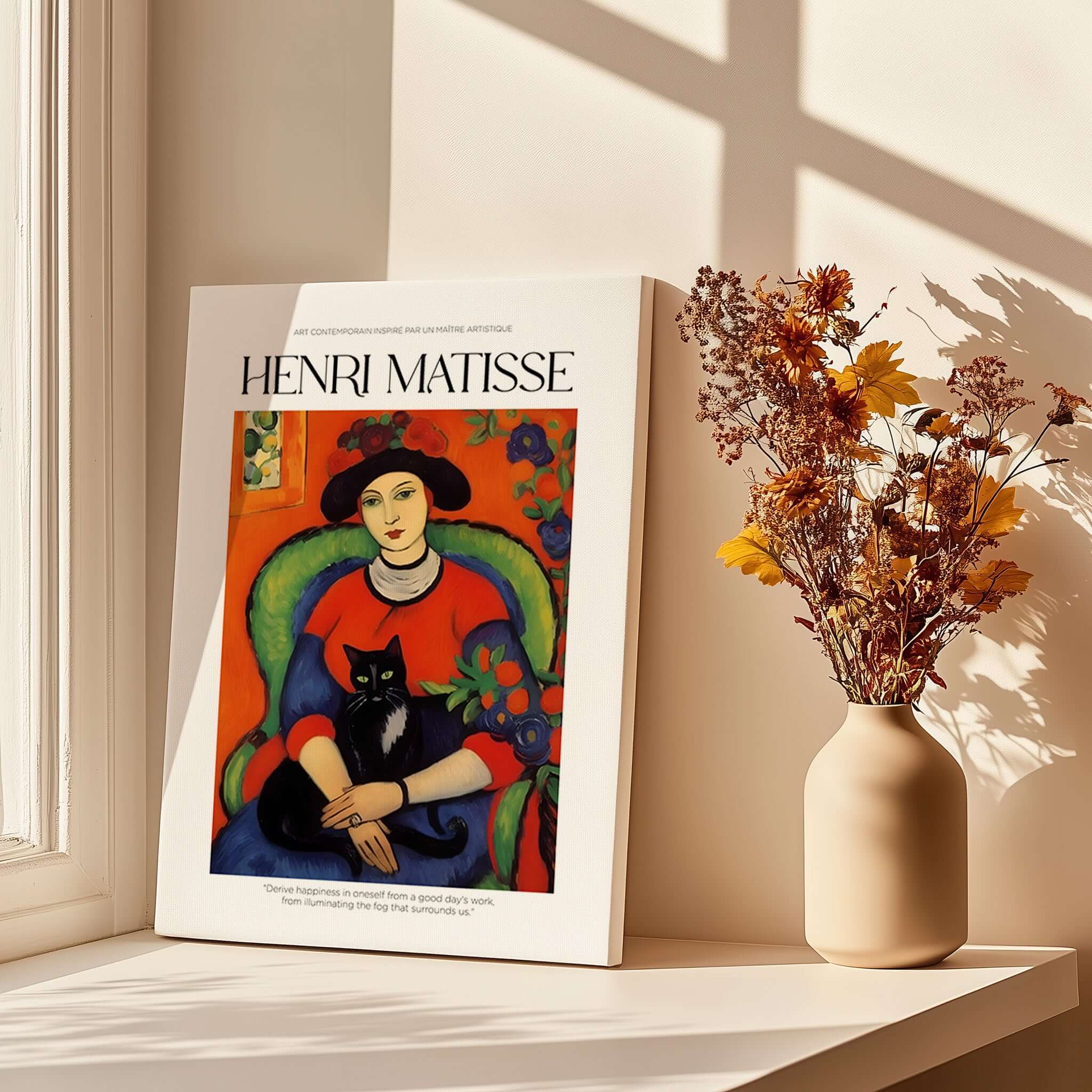 Matisse Art Prints - Woman with Black Cat Interior Poster featuring a colorful art print with a woman and her black cat.