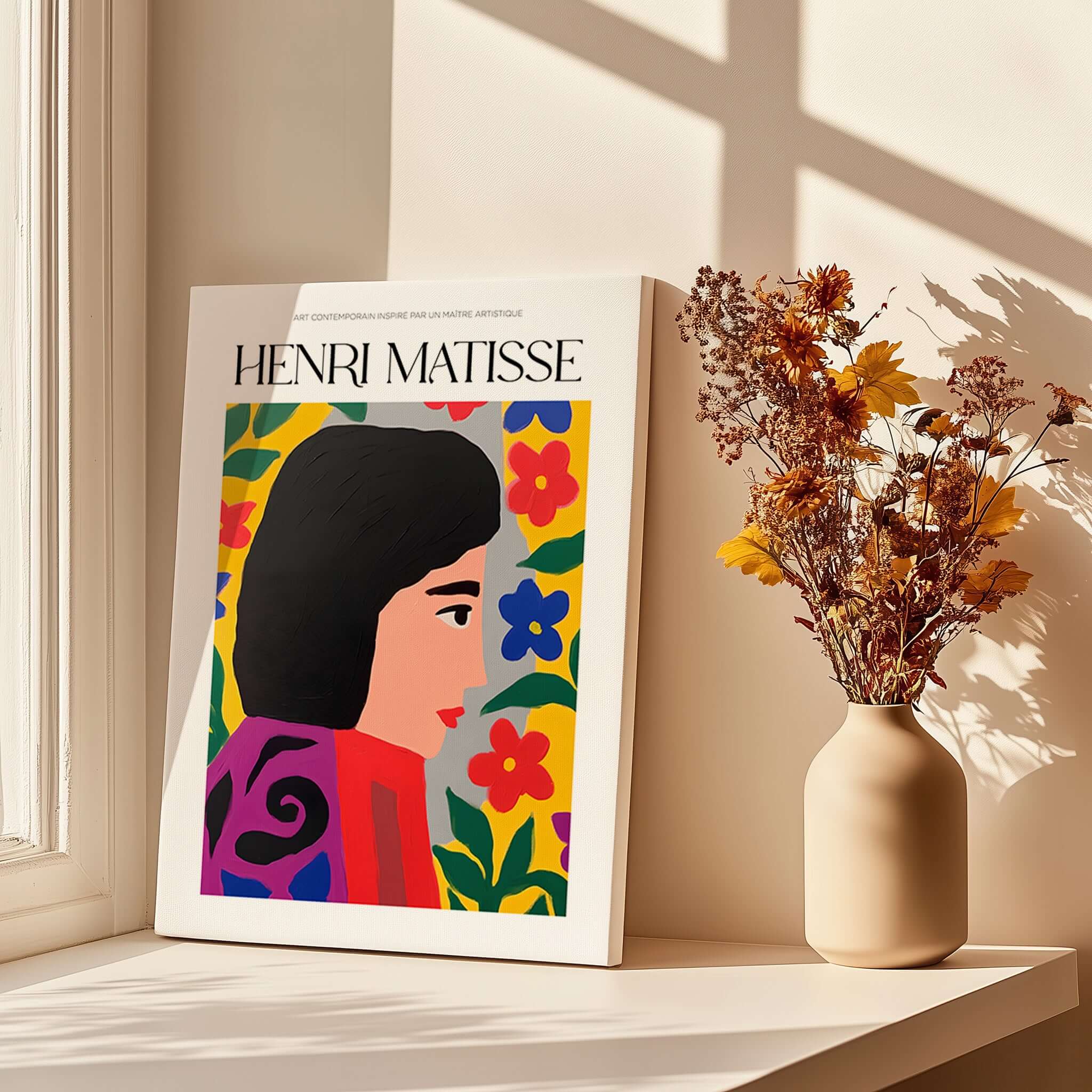 Matisse Art Prints - Floral Woman displayed on a table near a vase with flowers and sunlight streaming in.