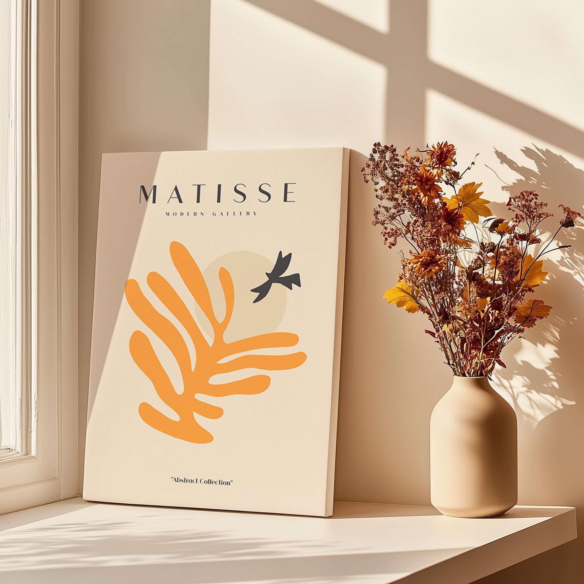 Matisse Art Prints - Orange Leaf Bird Silhouette Poster displayed next to flowers in a vase.