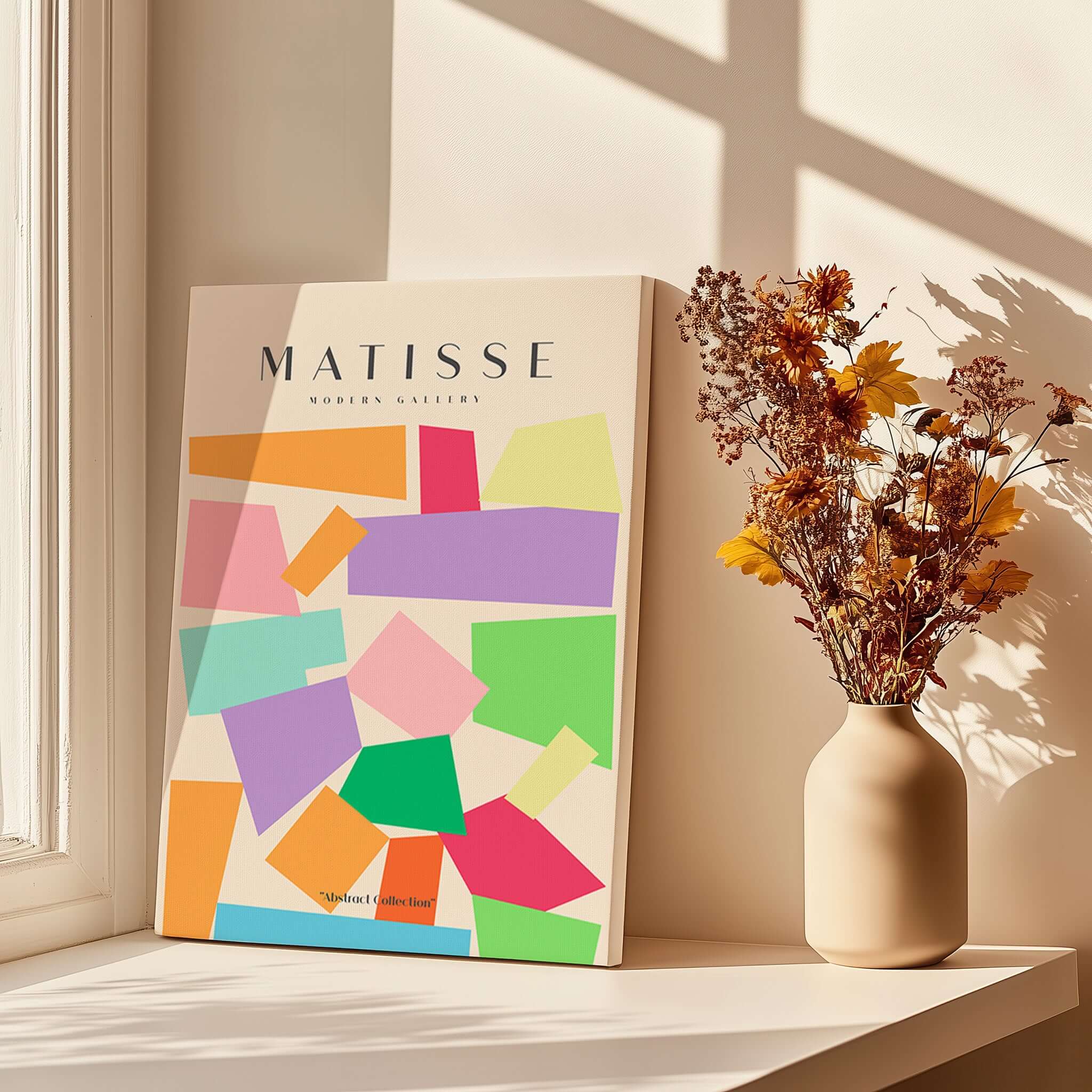 Matisse Art Prints - Colorful Geometric Shapes Abstract Print displayed against a sunny window with flowers.
