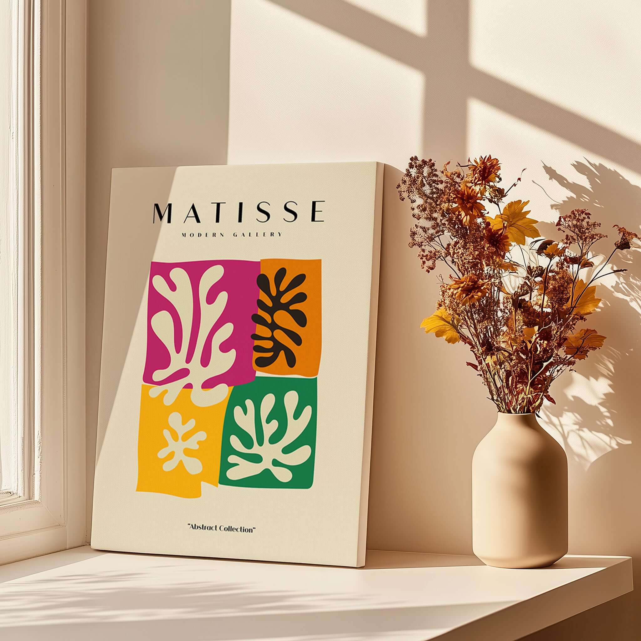 Matisse Art Prints - Four Block Abstract Leaves Poster displayed beside a vase with flowers and sunlight.