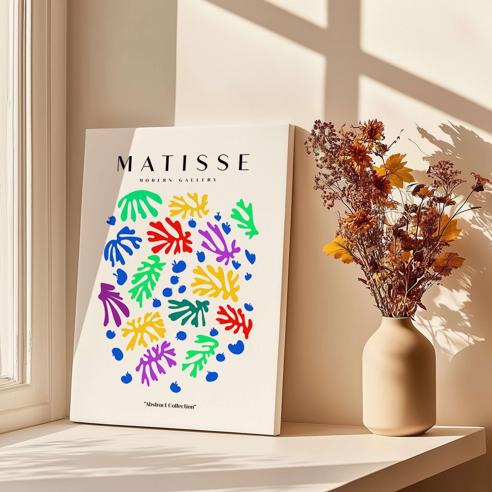 Matisse Art Prints - Colourful Scattered Abstract Leaves Dots Poster displayed beside a vase with dried flowers.