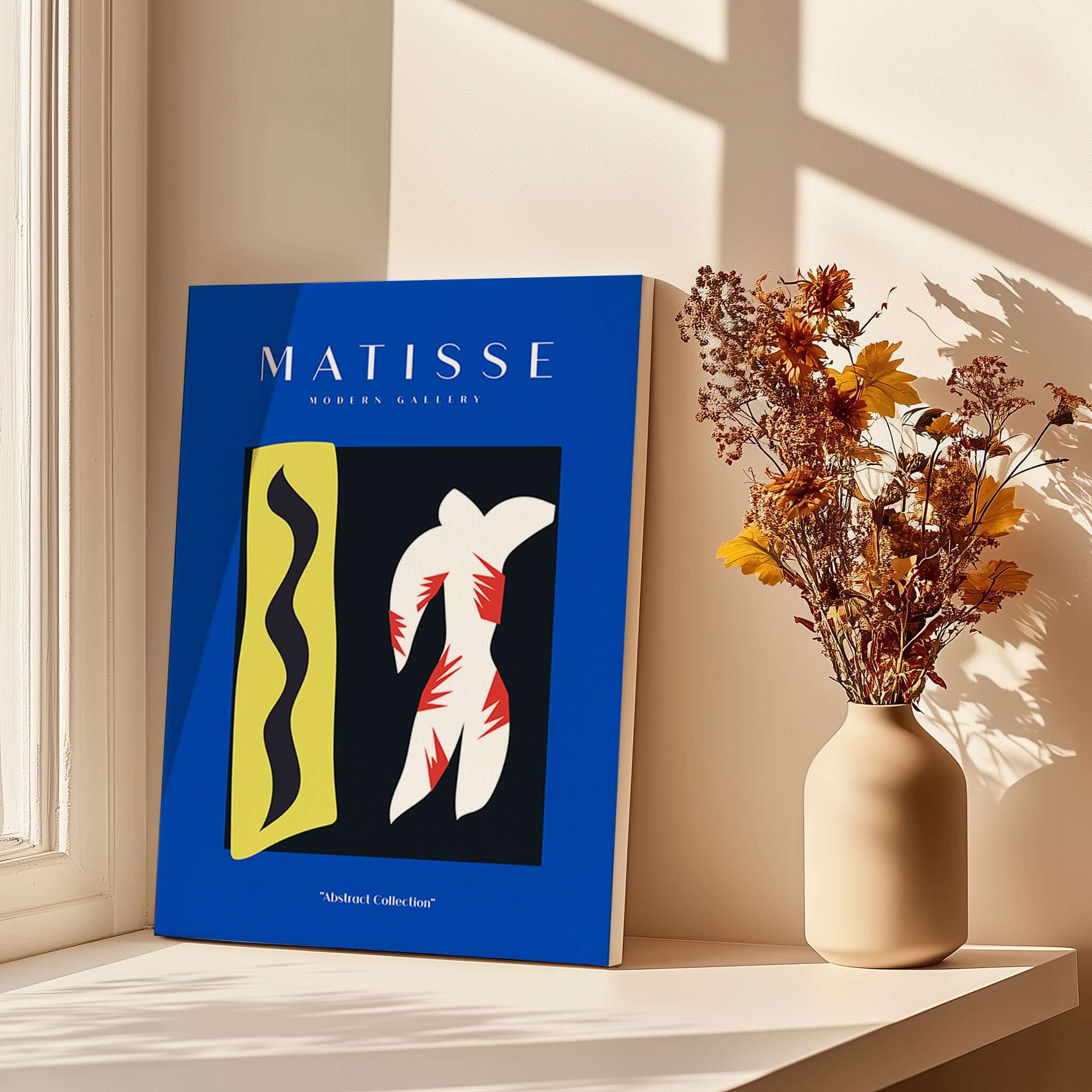 Matisse Art Prints - Icarus Jazz Abstract Art Print Blue displayed in natural light with flowers in a vase.