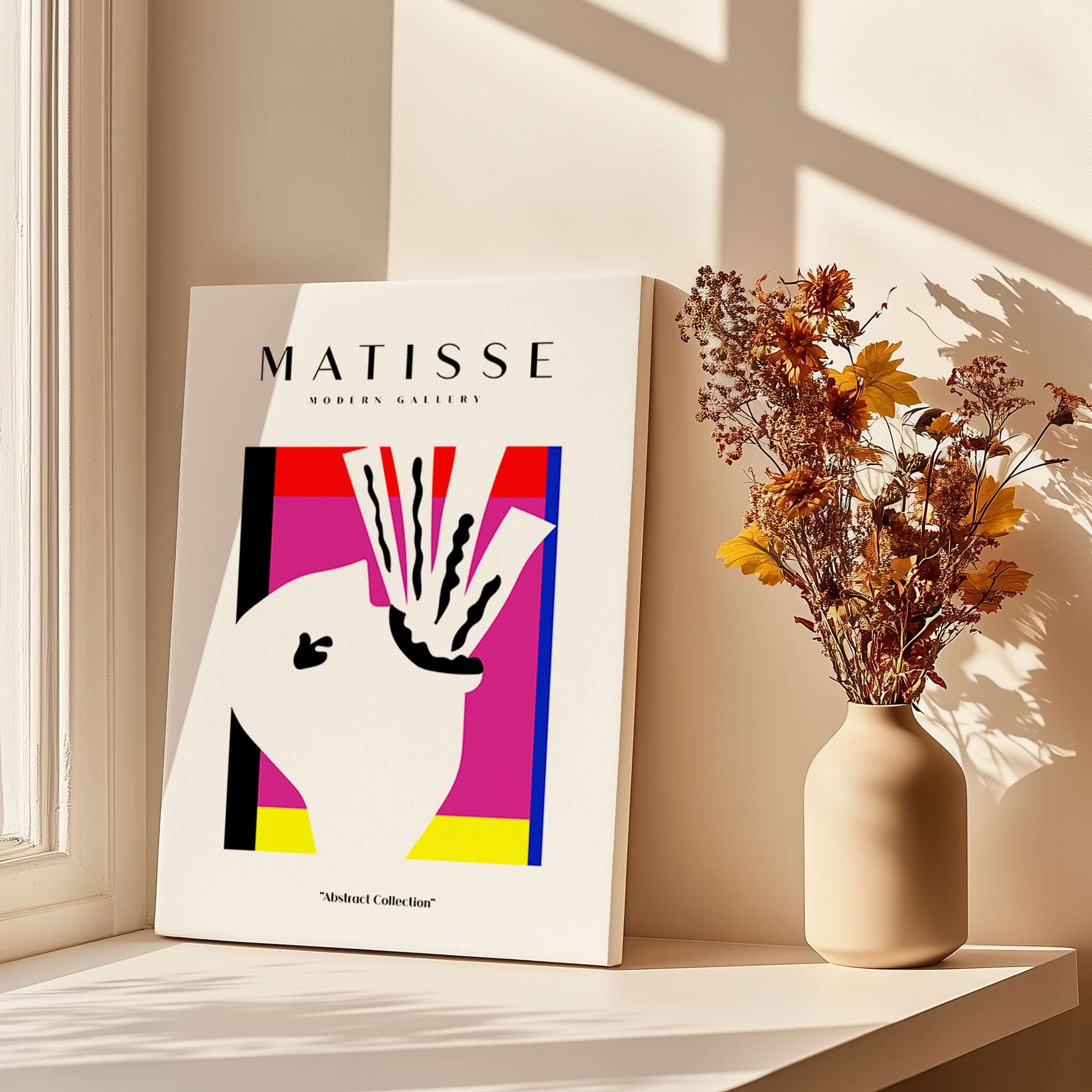 Matisse Art Prints -Abstract Head  Jazz Series Colorful Blocks Wall Art displayed on a windowsill with floral vase.