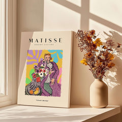 Matisse Art Prints - Stylized Woman with Flowers Fruit Still Life Interior Poster displayed in a modern gallery setting.