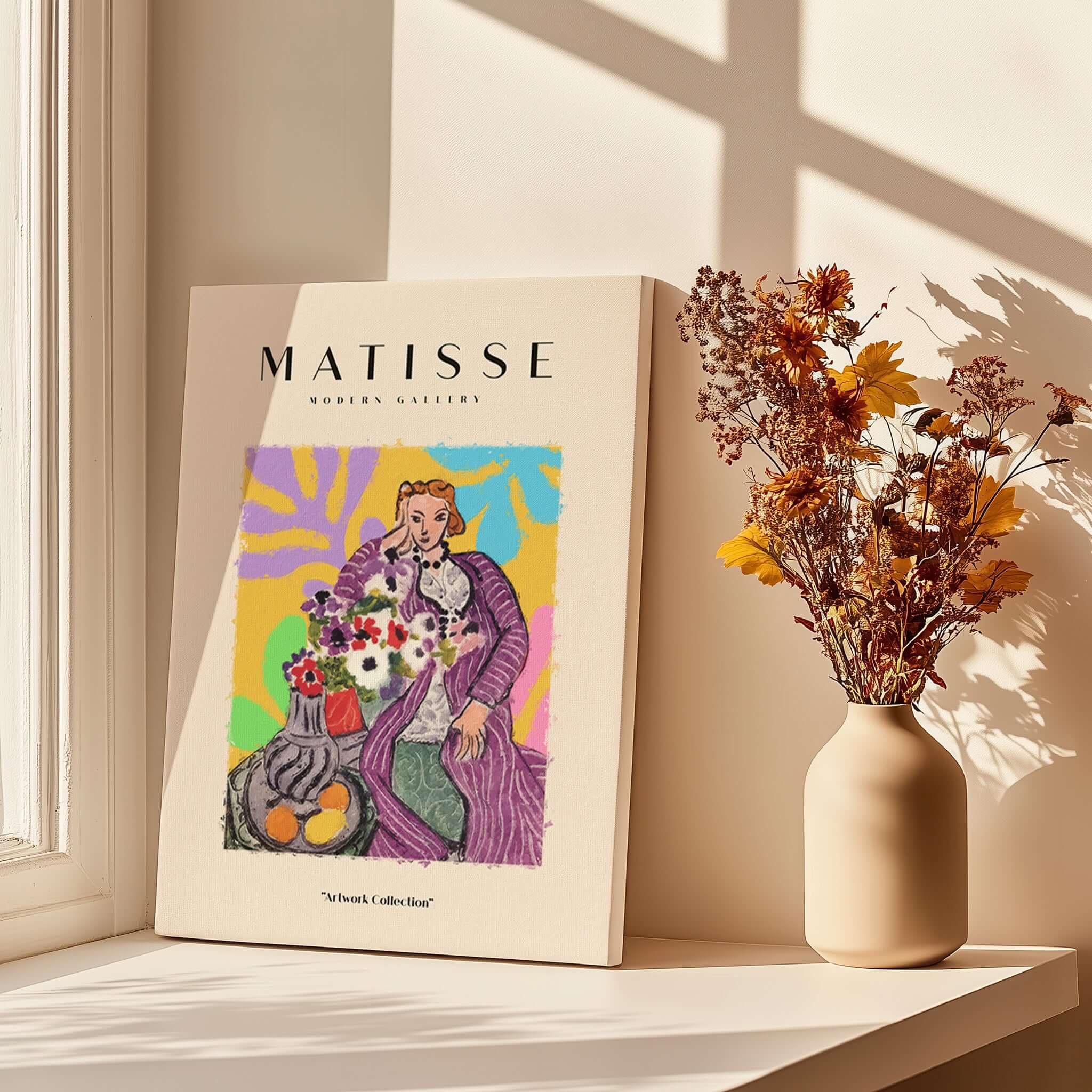 Matisse Art Prints - Stylized Woman with Flowers Fruit Still Life Interior Poster displayed in a modern gallery setting.