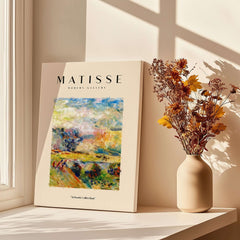 Matisse Art Prints - Abstract Painterly Landscape Bridge Poster displayed beside a vase of dried flowers in a sunlit room.