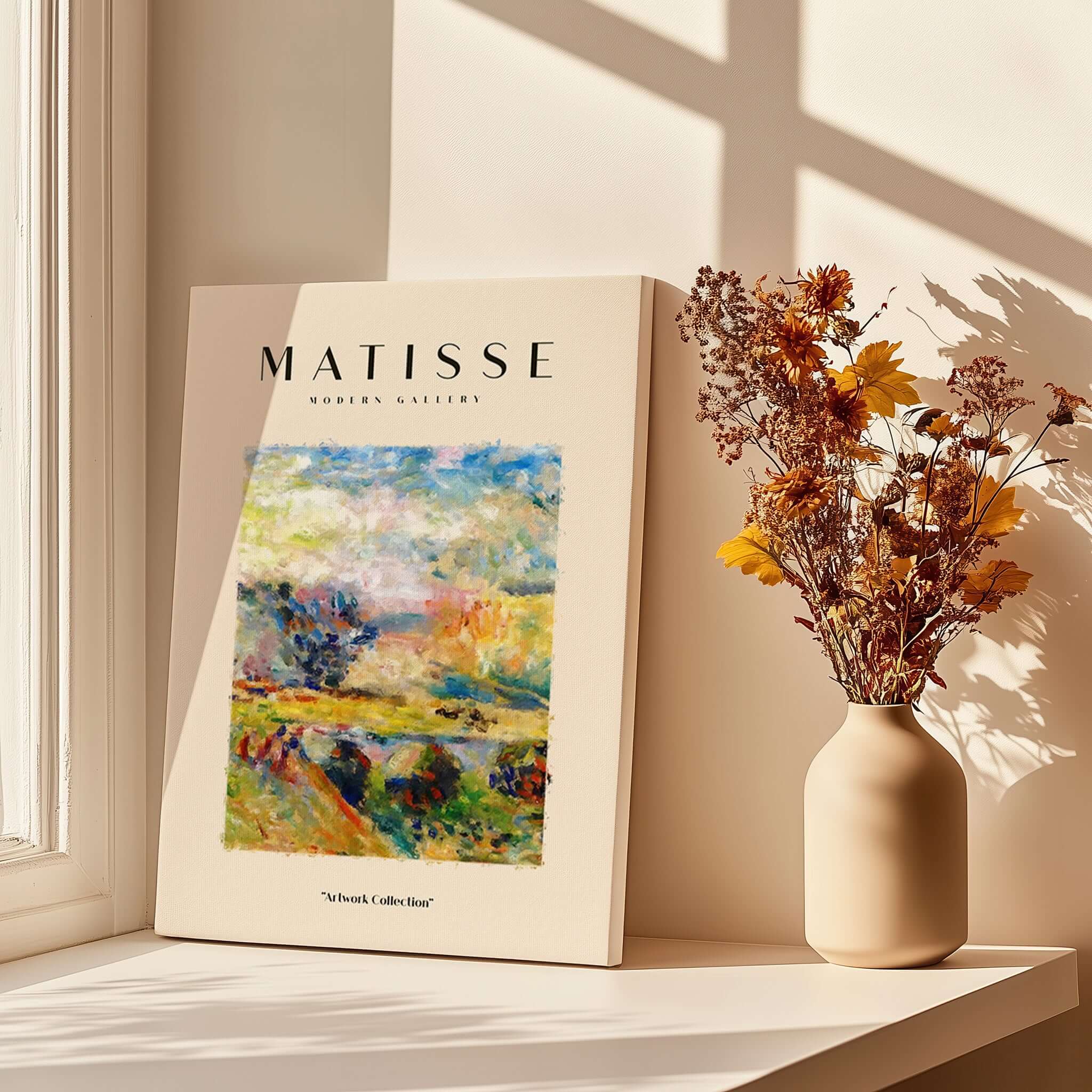 Matisse Art Prints - Abstract Painterly Landscape Bridge Poster displayed beside a vase of dried flowers in a sunlit room.