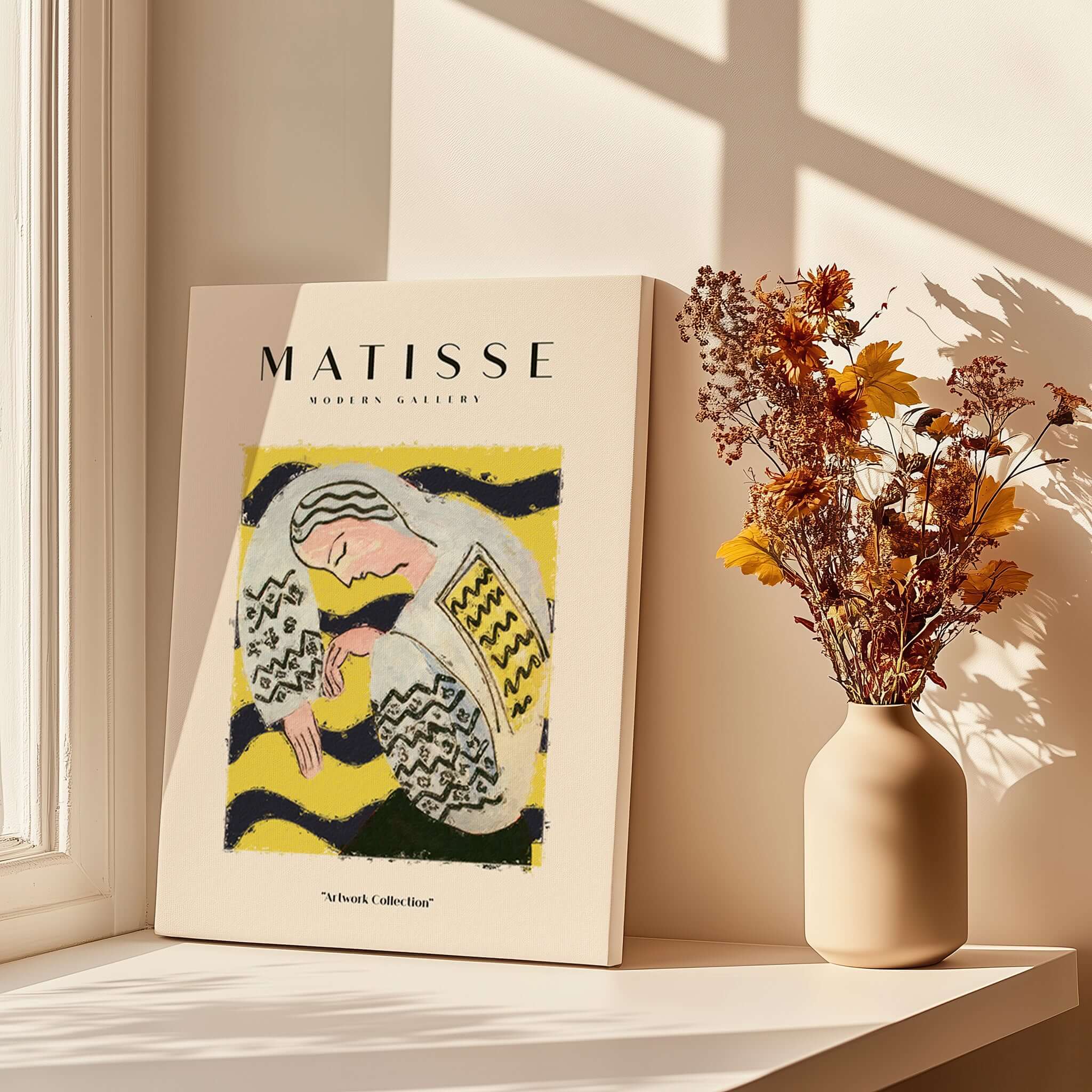 Matisse Art Prints - Resting Woman Patterned Blouse Yellow displayed on a table with a vase of flowers and sunlight.