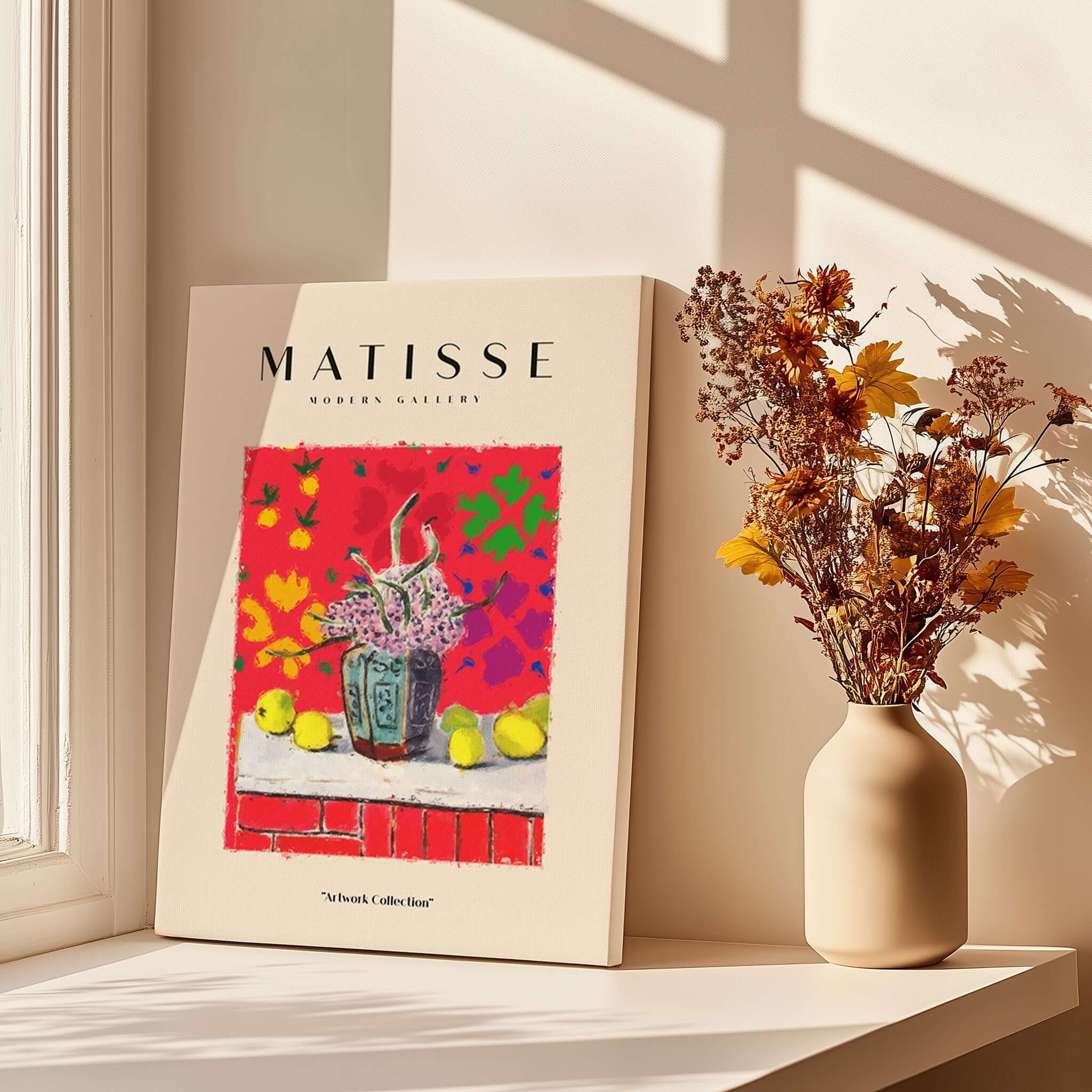 Matisse Art Prints - Still Life Flowers Lemons Red Pattern Poster displayed beside a potted plant in a sunlit room.