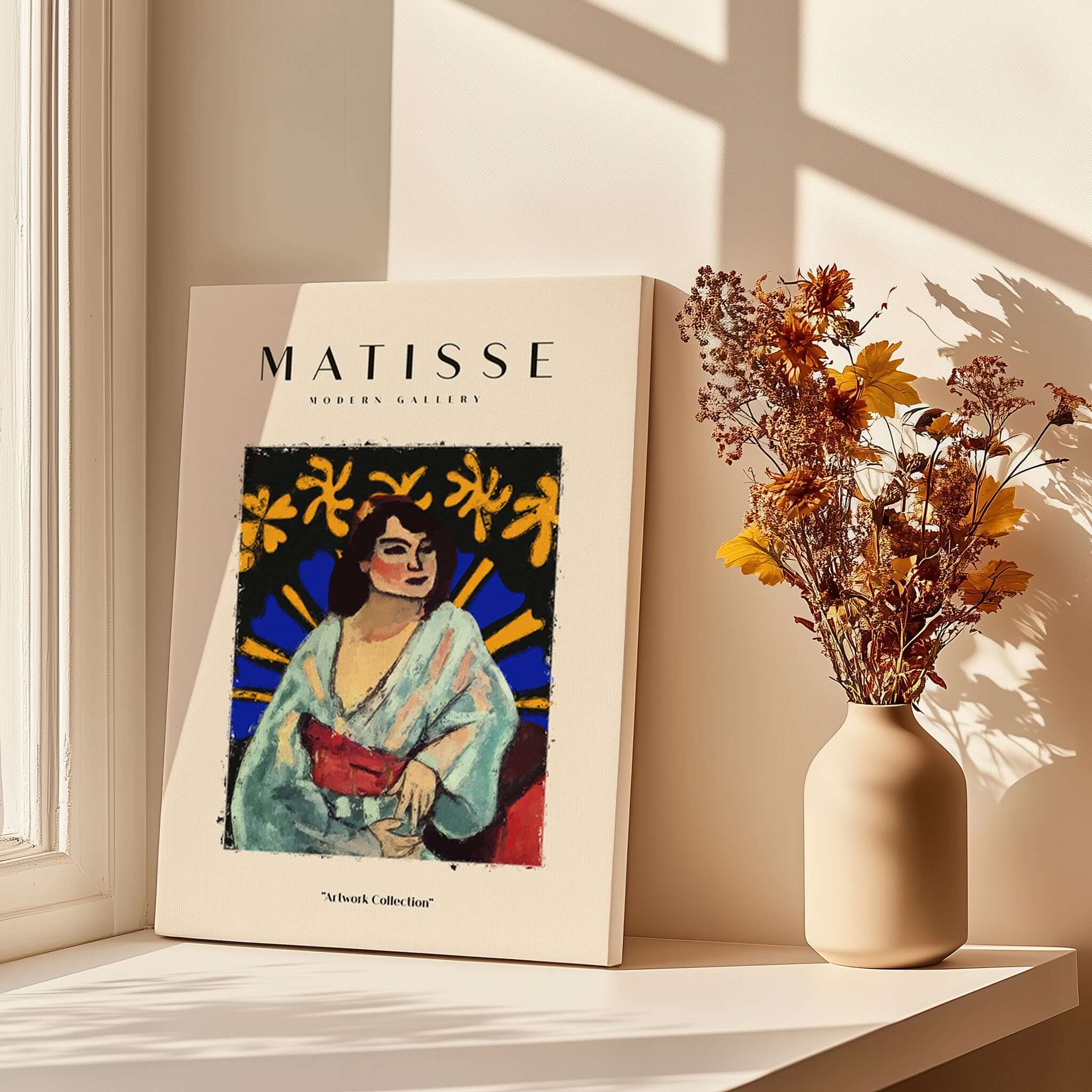 Matisse Art Prints -  Woman Robe Abstract Stained Glass Effect Poster displayed next to flowers in a vase.