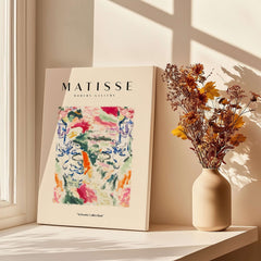 Matisse Art Prints - Abstract Expressive Swirls Colors Wall Art displayed beside a vase of dried flowers.