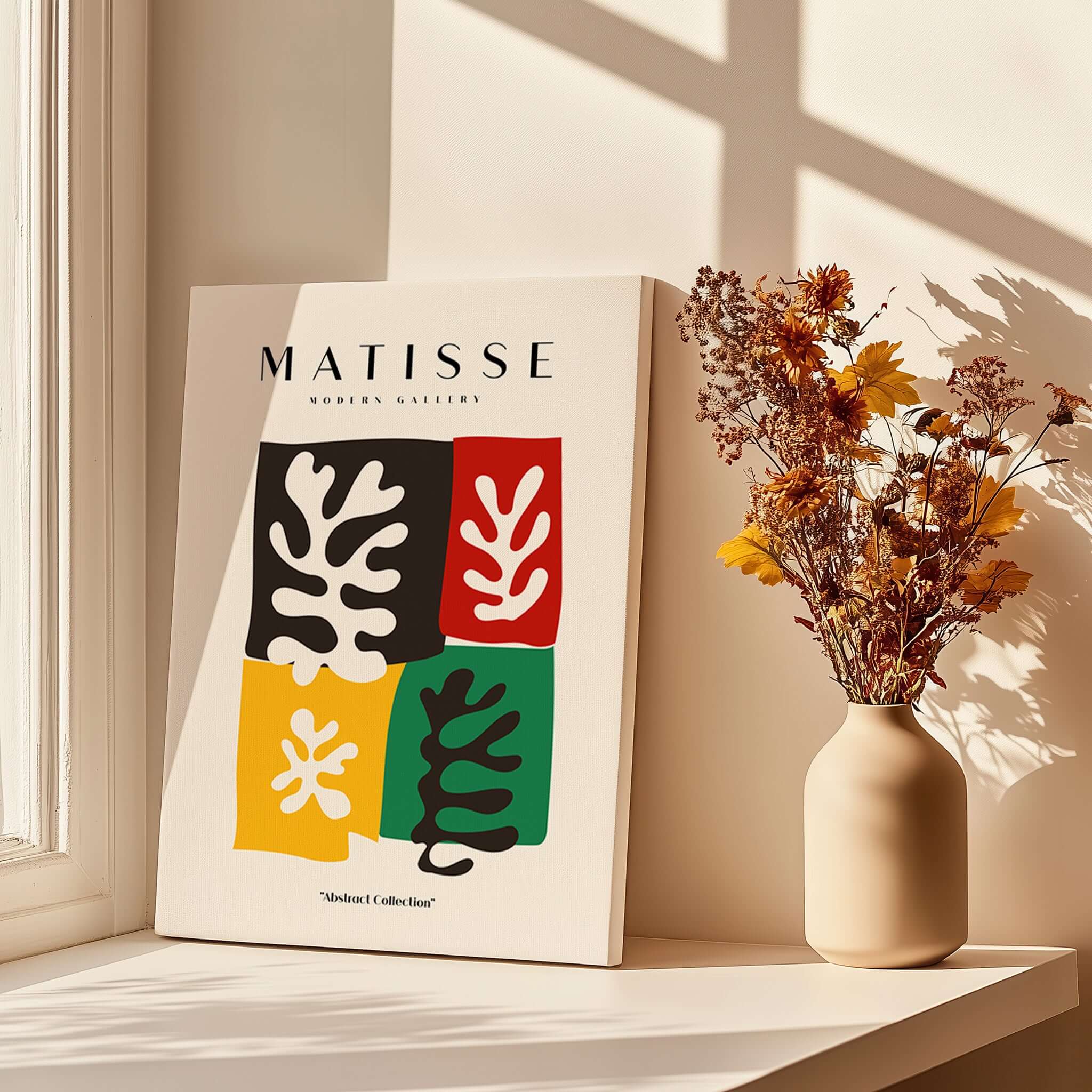 Matisse Art Prints - Four Blocks Abstract Leaves Color Poster displayed in a bright room with flowers.