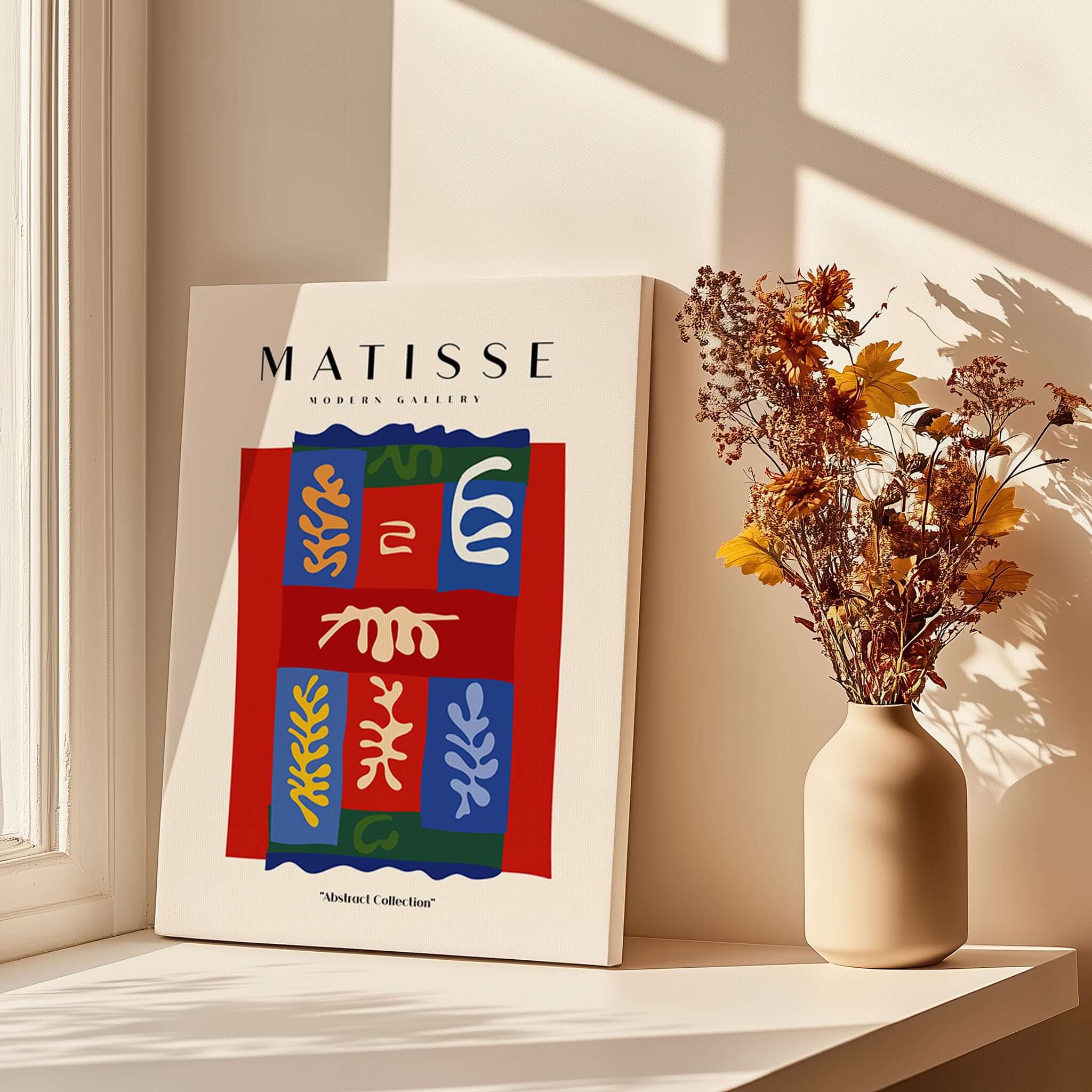 Matisse Art Prints - Patchwork Shapes Composition Poster displayed on a windowsill with decorative flowers.