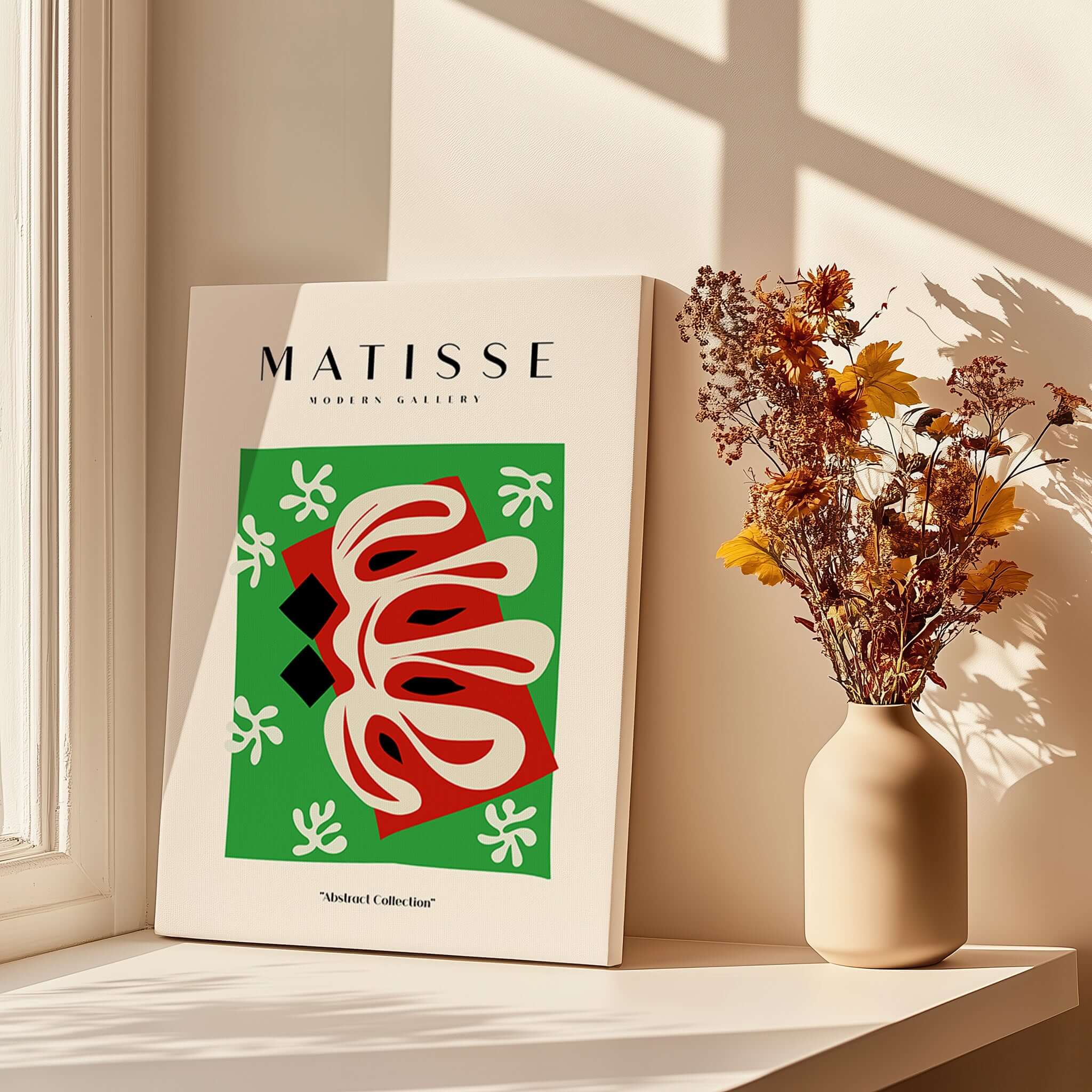 Matisse Art Prints -  Abstract Shape Red Green Poster displayed beside a vase with flowers in a sunlit room.