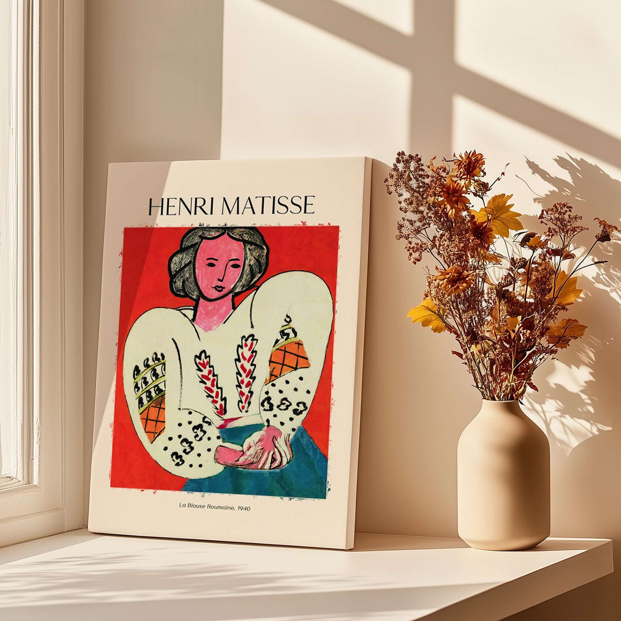 Matisse Poster - La Blouse Roumaine 1940 Famous Art Print displayed on a windowsill with dried flowers.
