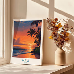 Maui Hawaii Poster | Vibrant Island Coastline Scene Canvas Print in a sunny room with a vase of flowers.