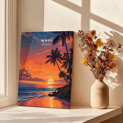 Maui Hawaii Travel Poster | Golden Hour Ocean Sunset Wall Art Print displayed beside a vase of dried flowers.
