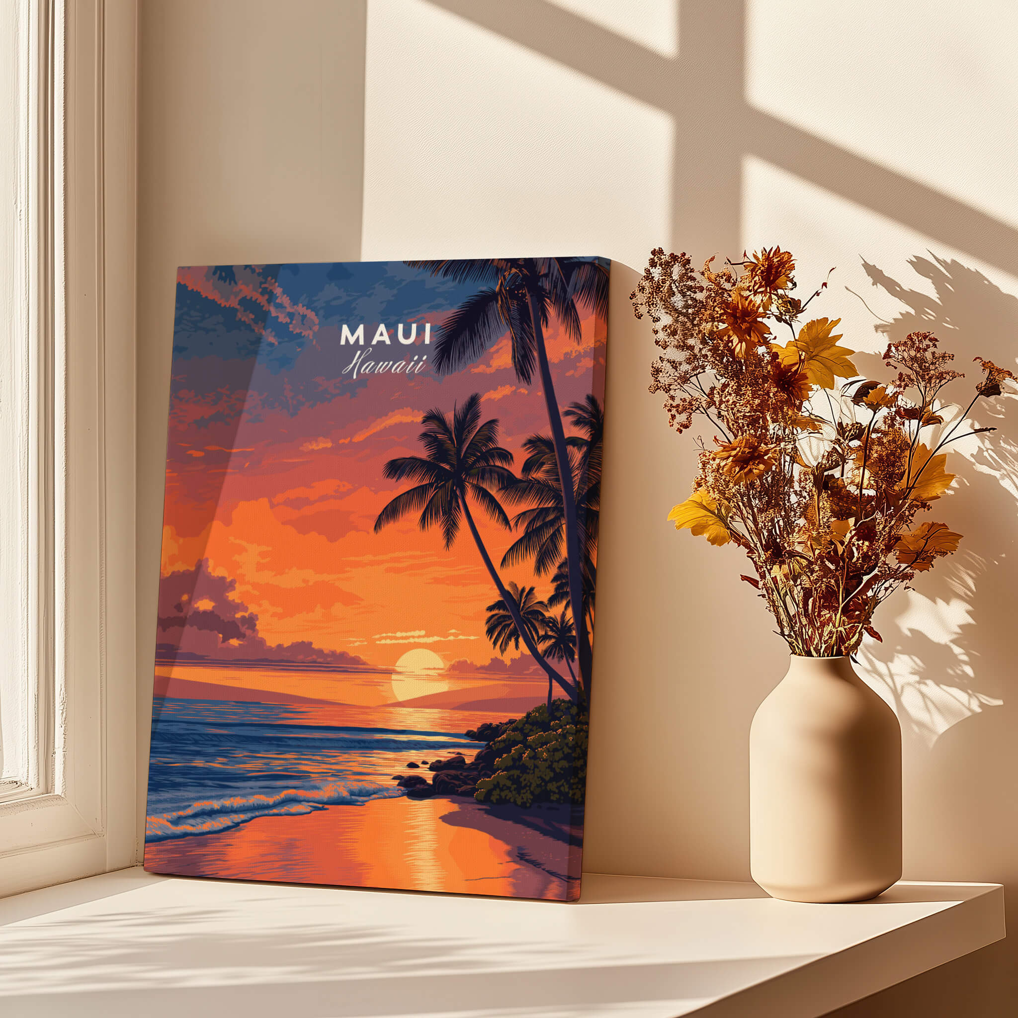 Maui Hawaii Travel Poster | Golden Hour Ocean Sunset Wall Art Print displayed beside a vase of dried flowers.