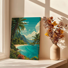 Maui Hawaii Wall Art Print | Lush Tropical Mountain Coast Travel Poster displayed near vase with flowers.