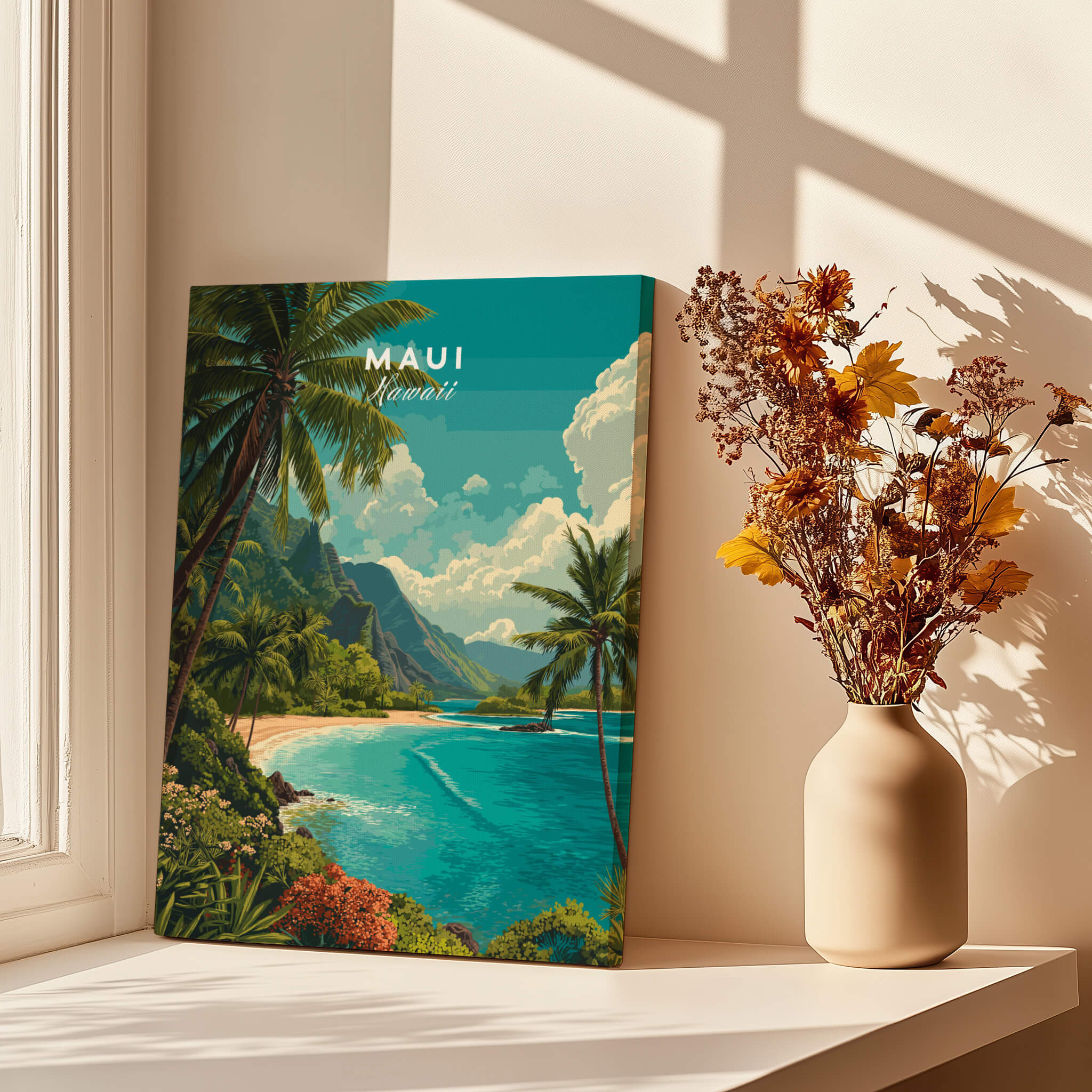 Maui Hawaii Wall Art Print | Lush Tropical Mountain Coast Travel Poster displayed near vase with flowers.