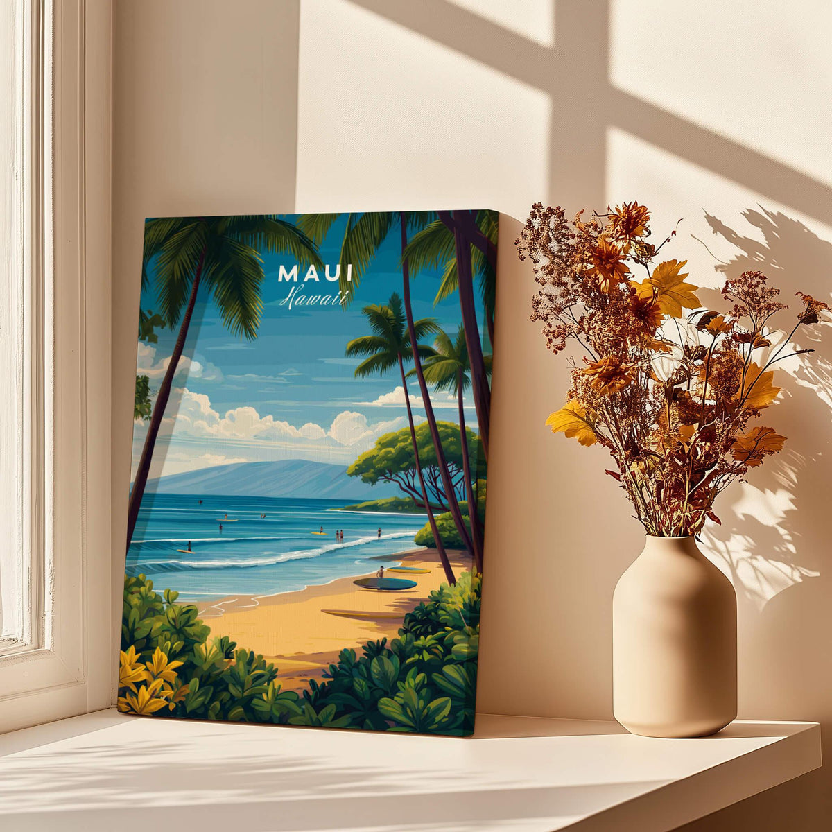 Maui Hawaii Travel Poster | Sunny Surfing Beach Wall Art Print featuring a vibrant beach scene with palm trees and surfers.