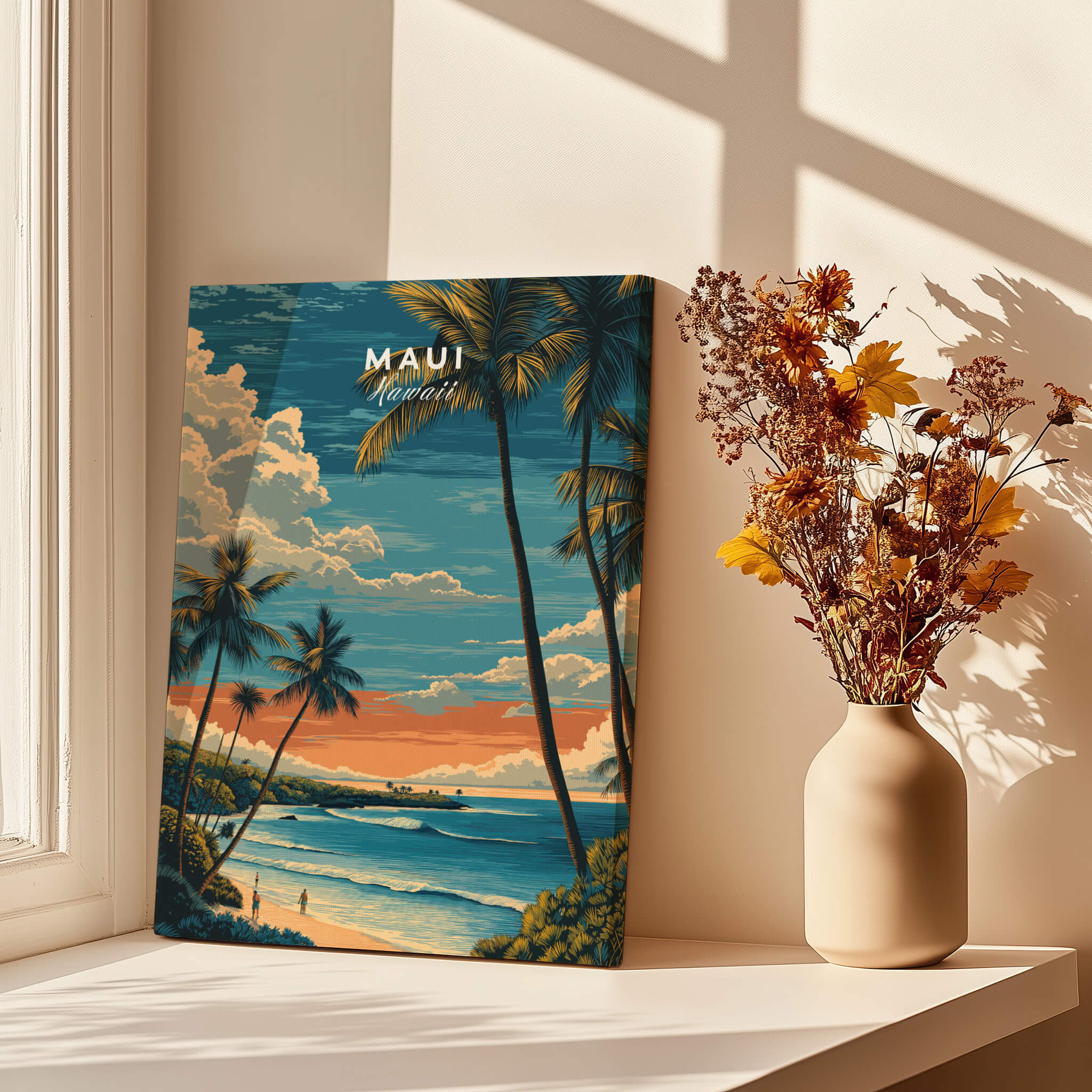 Maui Wall Art Print | Hawaii Evening Coastal Landscape Travel Poster displayed in a bright room next to flowers.