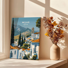 Mijas Spain Wall Art Print | Andalusian White Village Travel Poster featuring a scenic view of Mijas rooftops and mountains.