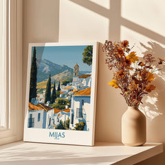 Mijas Spain Poster | Scenic Mountain Town Landscape Canvas Print with vibrant whitewashed buildings and stunning mountain backdrop.