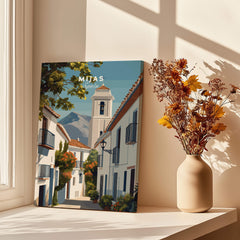 Mijas Spain Travel Poster | Traditional White Street Wall Art Print featuring charming cobblestone streets and white buildings.