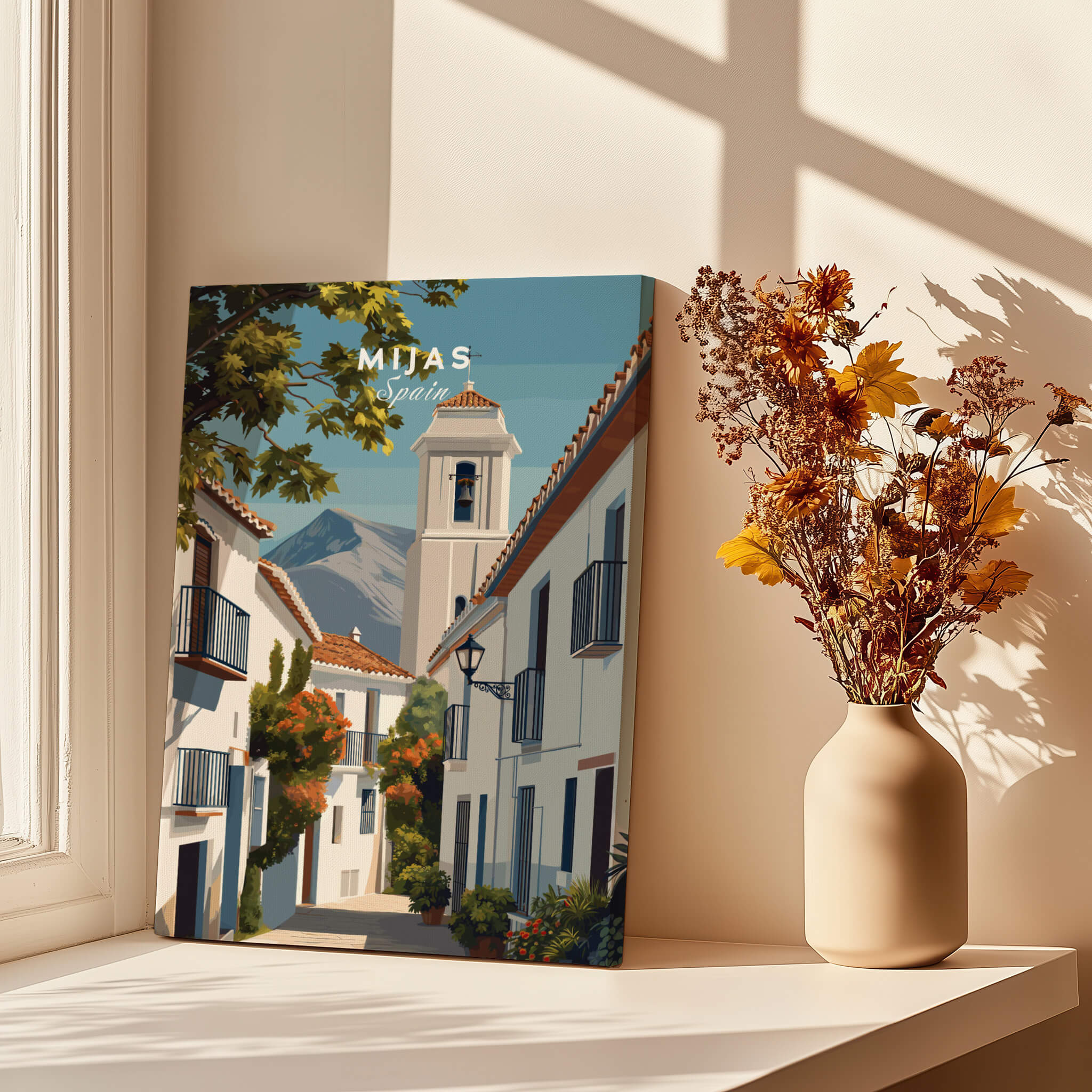 Mijas Spain Travel Poster | Traditional White Street Wall Art Print featuring charming cobblestone streets and white buildings.