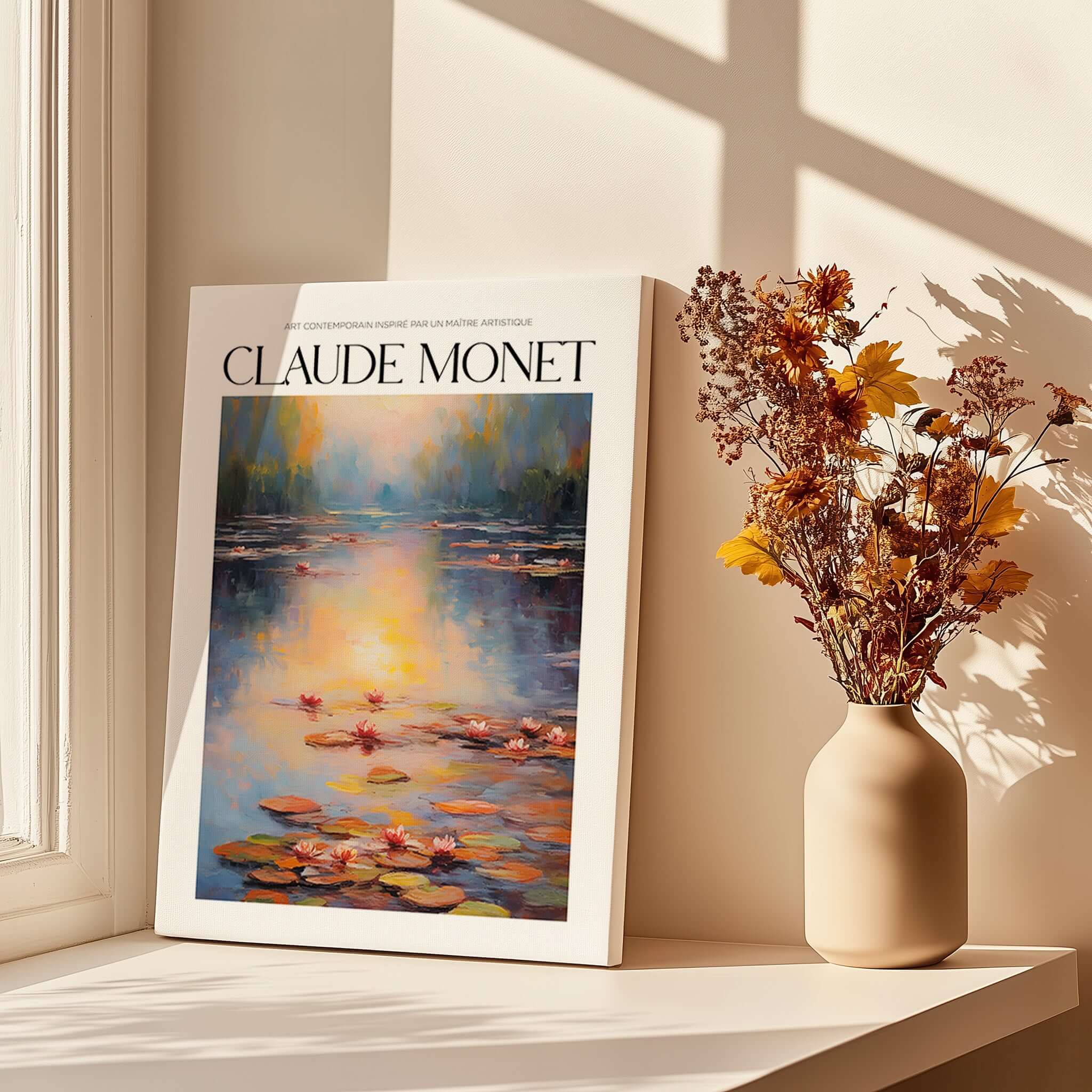 Claude Monet Wall Art Print - Vintage Home Decor Poster Impressionist Artwork displayed beside a vase of dried flowers.