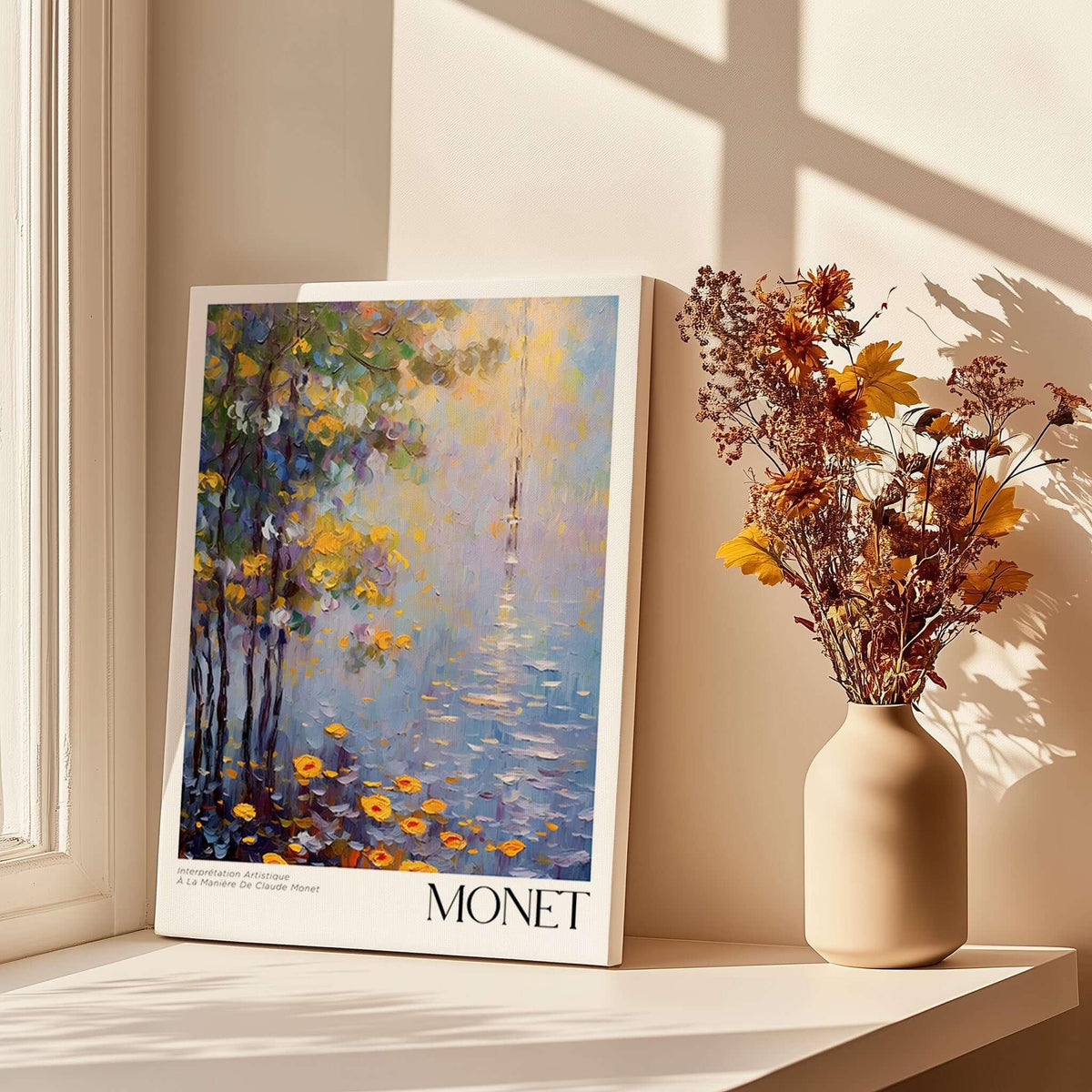 Claude Monet Art Print - Impressionist Wall Art Poster - Monet Framed Print displayed on a table with flowers.